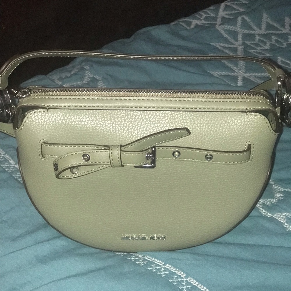 Michael Kors Emilia Pebble Leather Army Green Small Half Moon Crossbody Handbag